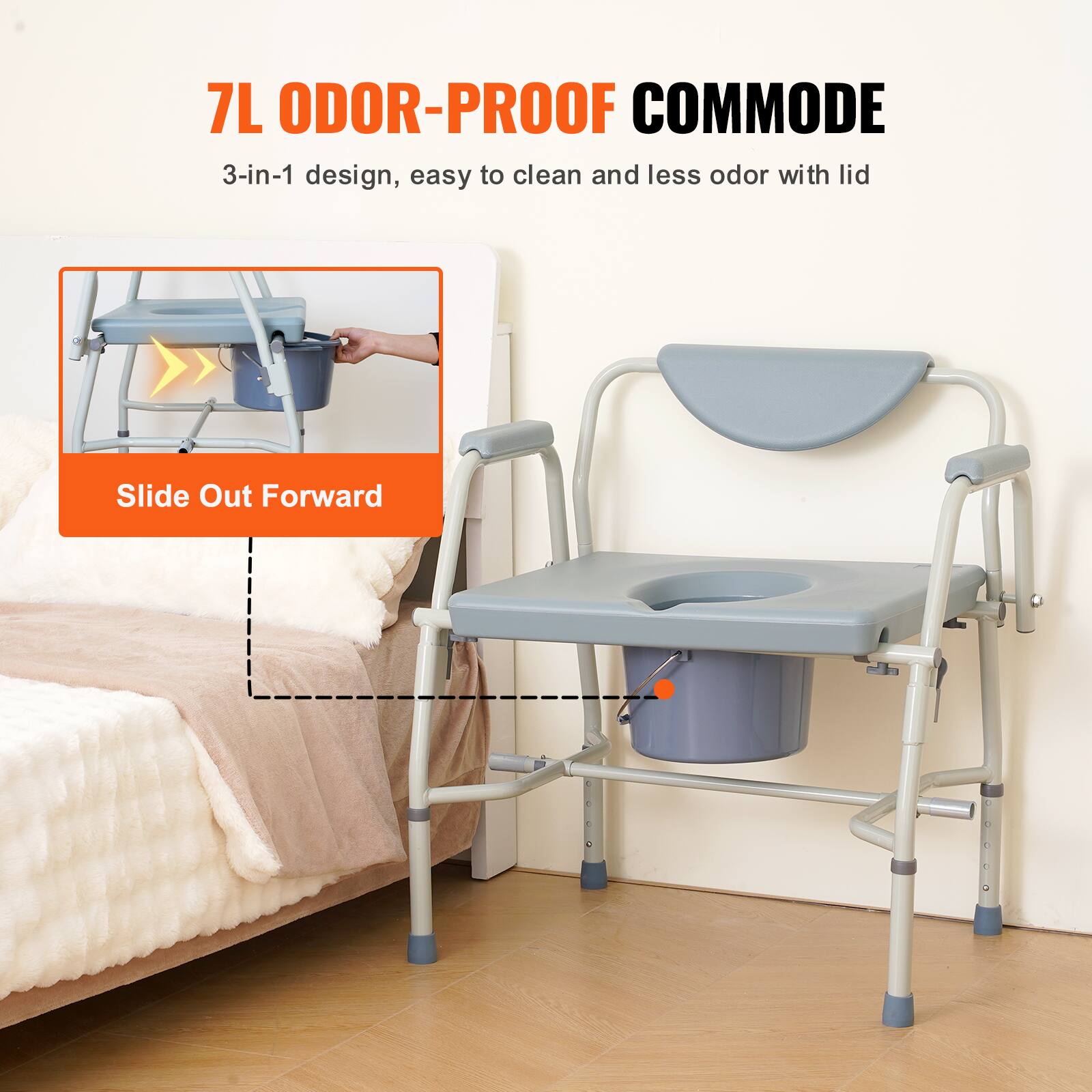 7L ODOR-PROOF COMMODE
3-in-1 design, easy to clean and less odor with lid
Slide Out Forward