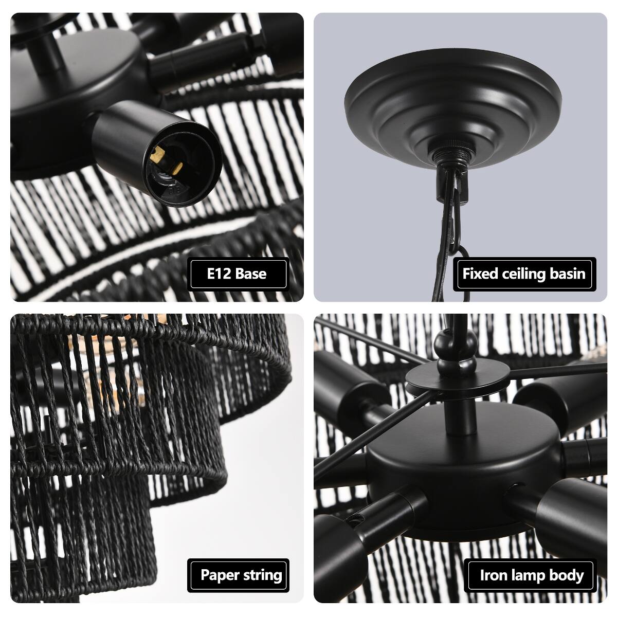 E12 Base  
Fixed ceiling basin  
Paper string  
Iron lamp body