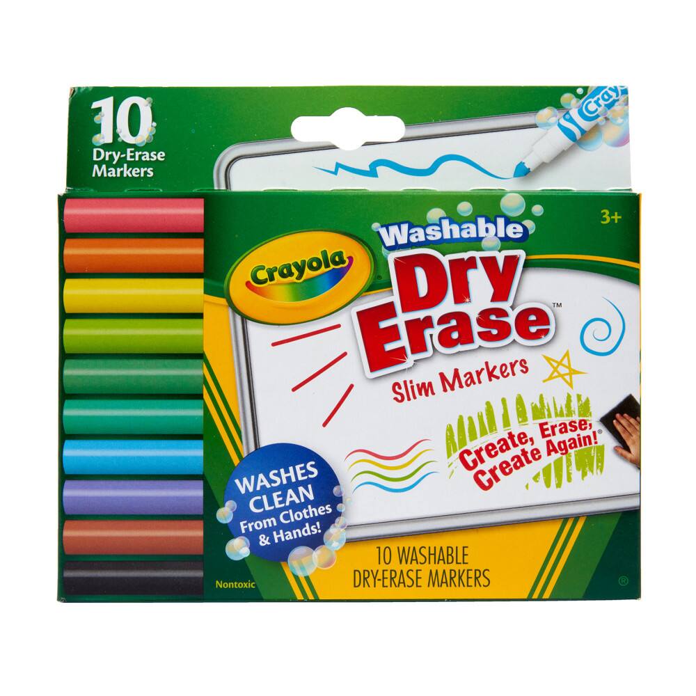 10 Dry-Erase Markers  
Crayola Washable Dry Erase Slim Markers  
3+  
WASHES CLEAN From Clothes & Hands!  
10 WASHABLE Nontoxic DRY-ERASE MARKERS  
Create, Erase, Create Again!