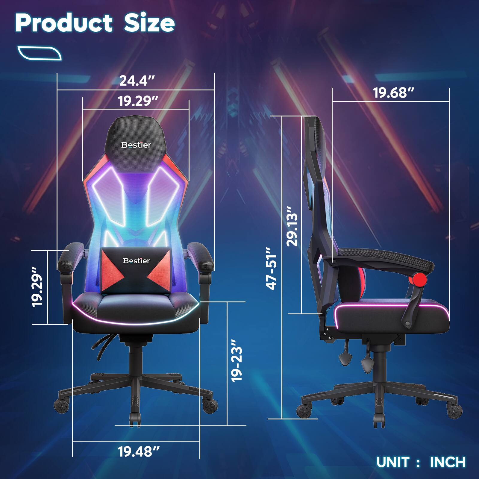 Product Size

- 24.4"
- 19.29"
- 19.68"
- 19.29"
- 19-23"
- 47-51"
- 29.13"
- 19.48"

UNIT: INCH