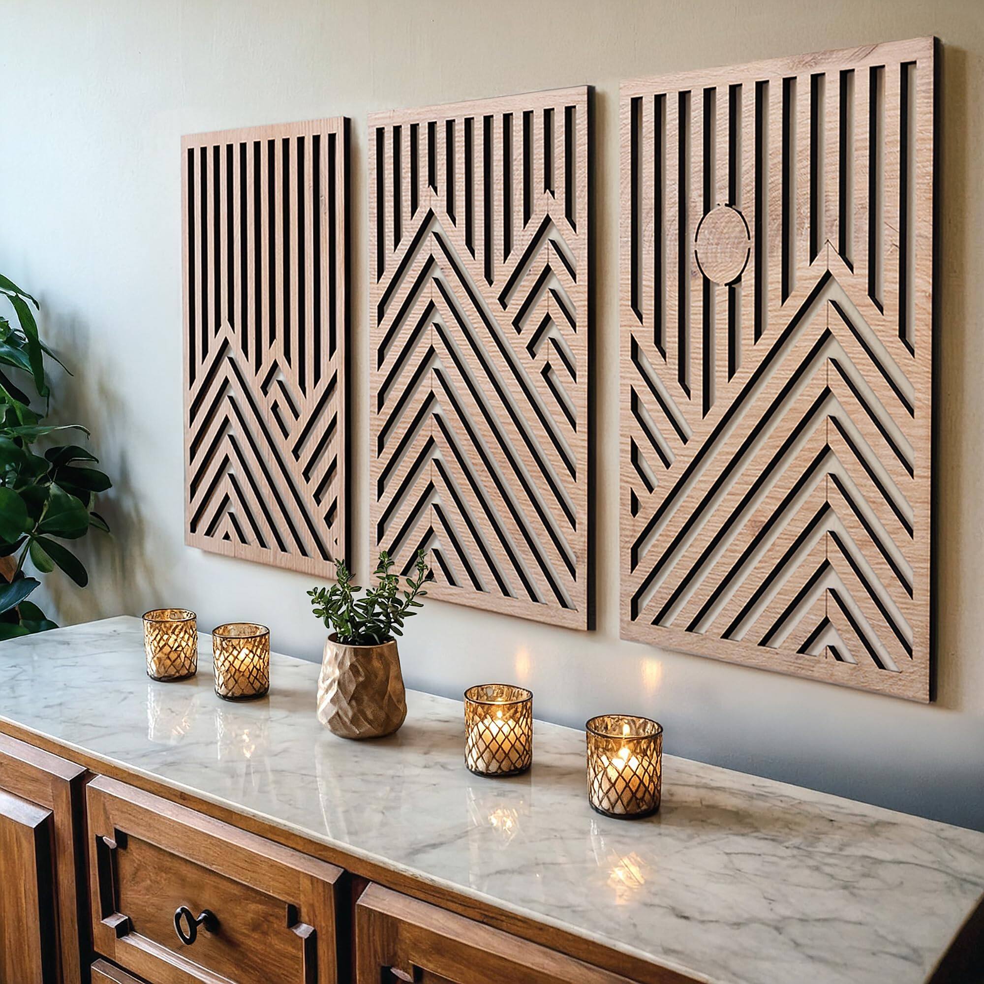 Front. Fabibe - Set of 3 MDF Oak Home Decor Accent Large Wall Art for Living Room, Bedroom, Office Easy Installation (Oak, Medium Mounta - Oak Large - Mountain and Sun Unframed.