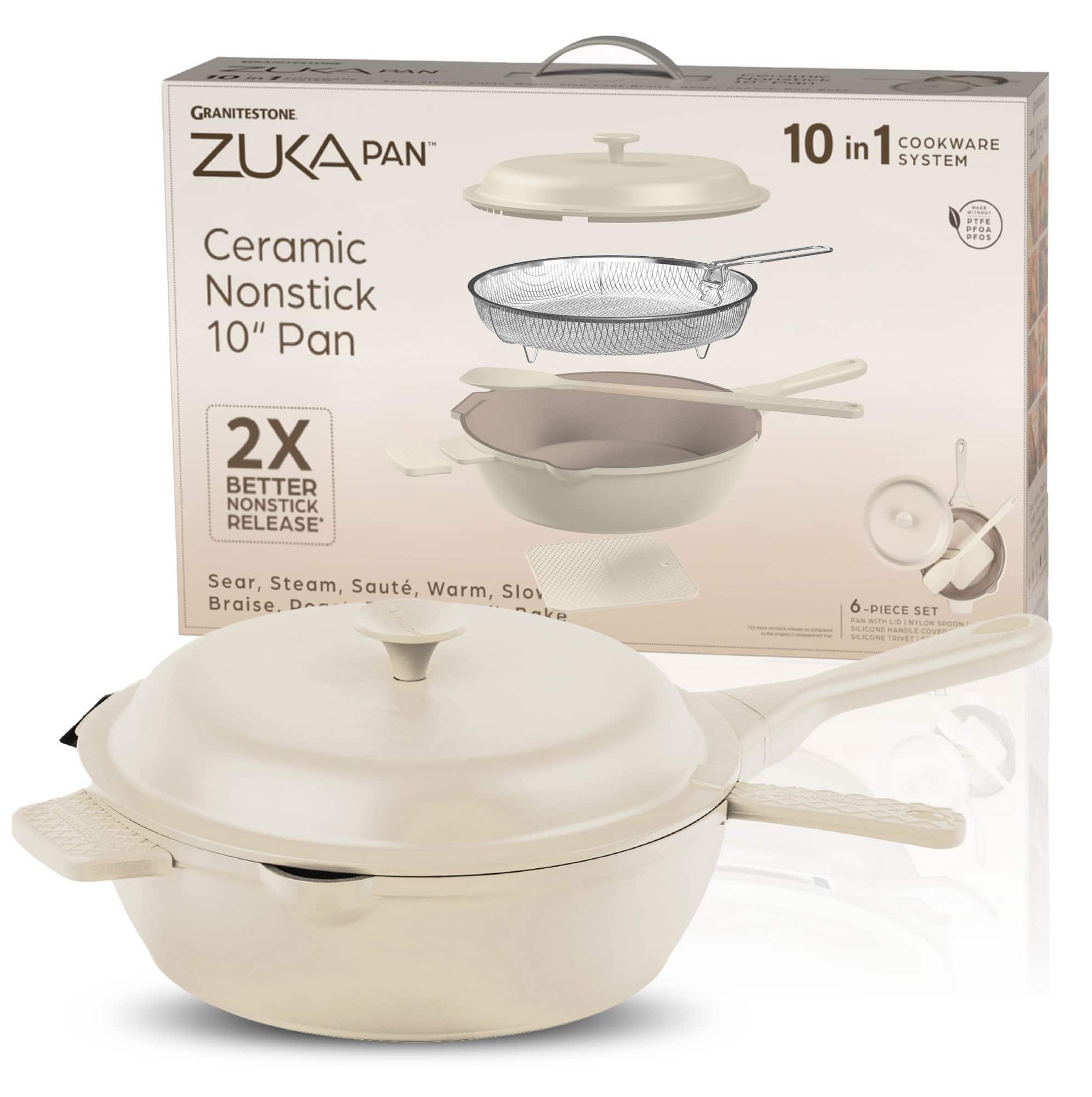 Granitestone - Zuka Everyday Pan 10" Nonstick Multi-Functional Saute Pan with Lid, Nylon Spoon and Steamer Basket - Cream