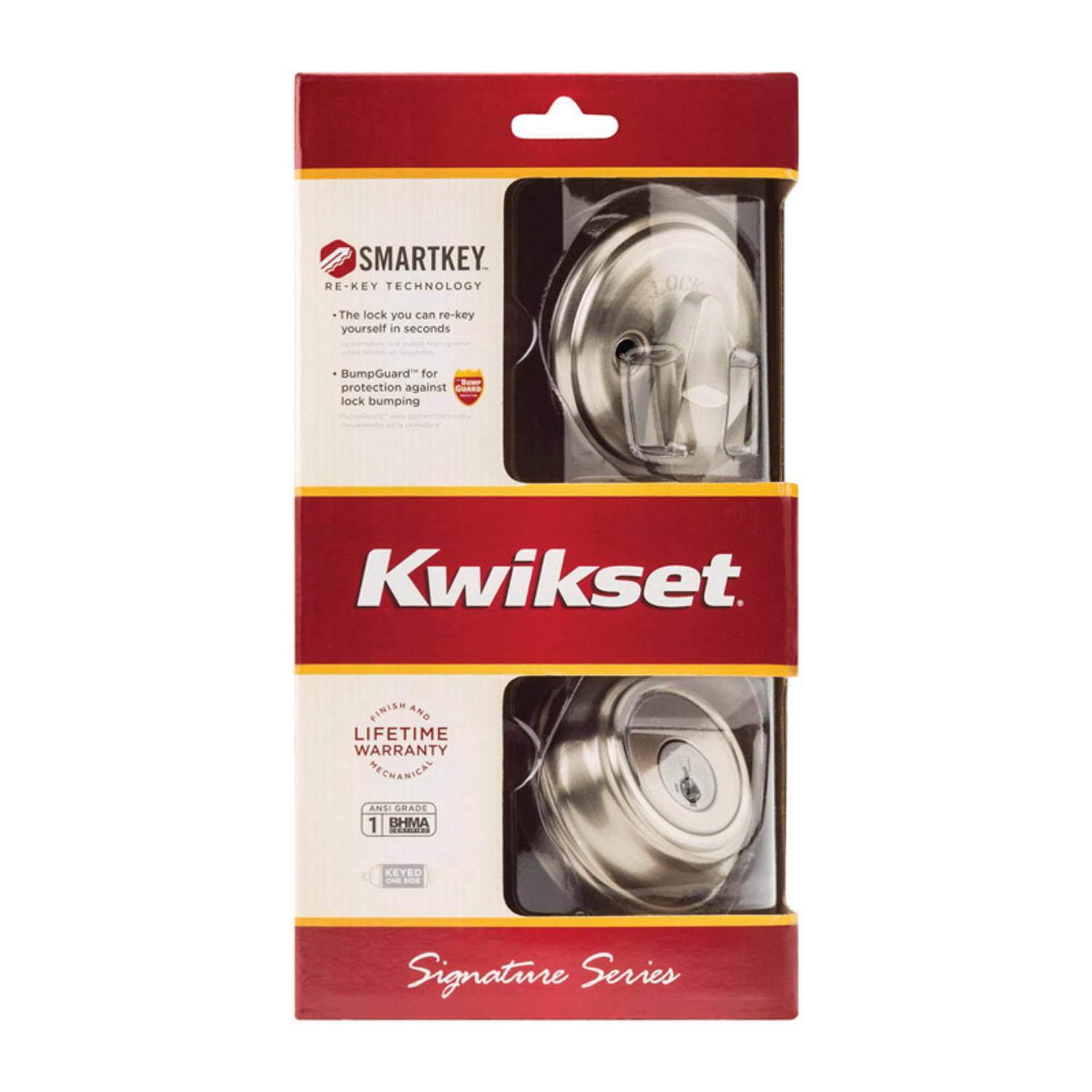 SMARTKEY RE-KEY TECHNOLOGY  
The lock you can re-key yourself in seconds  
1,000 BumpGuard for protection against lock bumping  
Kwikset  
FINISH AND LIFETIME WARRANTY  
MECHANICAL  
ANSI GRADE 1  
BHMA  
KEYED  
Signature Series