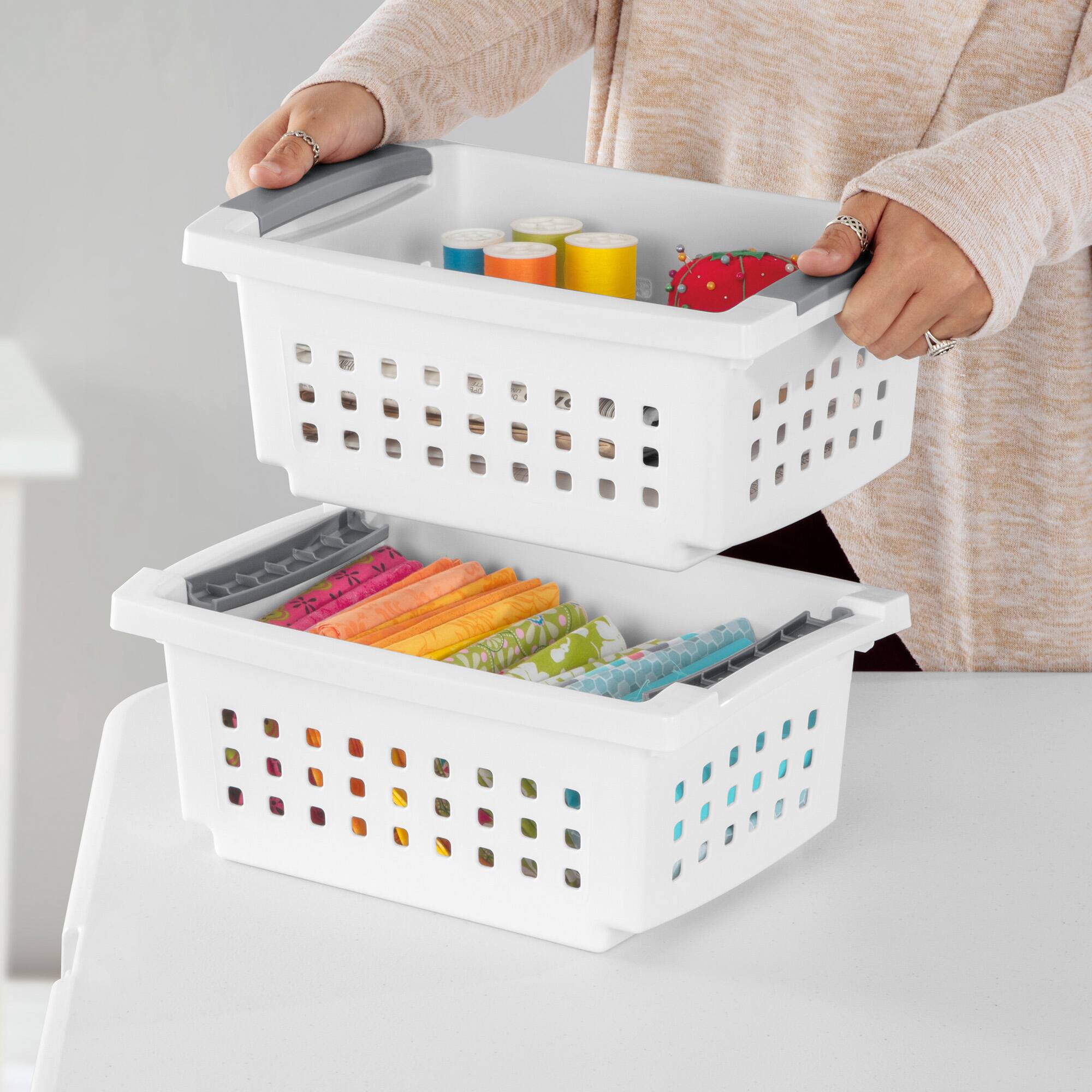 Alt View 3. Sterilite - Sterilite Small Stacking Basket, Open Top Storage Bin w/ Handles, 4 Pack, White.