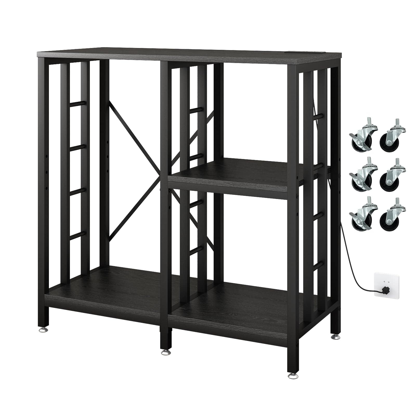 JETRANSPORT - Adjustable Kitchen Bakers Rack With Power Outlet 4-tier Microwave Stand Cart Mini Fridge Storage Bar - Black