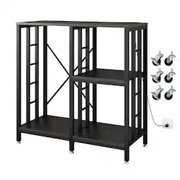 JETRANSPORT - Adjustable Kitchen Bakers Rack With Power Outlet 4-tier Microwave Stand Cart Mini Fridge Storage Bar - Black