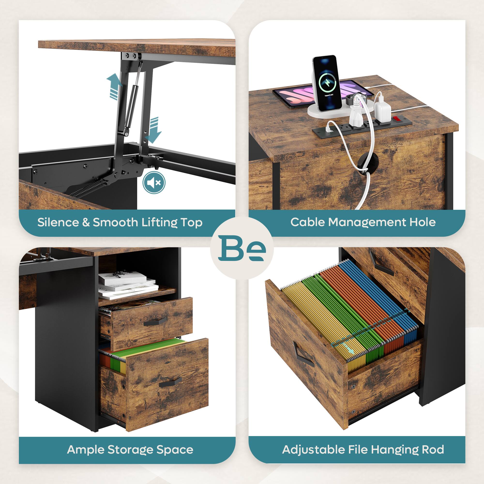 The text on the image can be grouped and corrected as follows:

1. Silence & Smooth Lifting Top: This feature allows for a smooth and quiet lifting mechanism, providing an ergonomic and efficient way to lift and lower the desk.
2. Cable Management Hole: The desk has a designated hole for cable management, helping to keep cords organized and out of sight.
3. Ample Storage Space: The desk offers plenty of storage space, including drawers and compartments, to keep items organized and accessible.
4. Adjustable File Hanging Rod: The desk has a hanging rod that can be adjusted to accommodate different file sizes and storage needs.