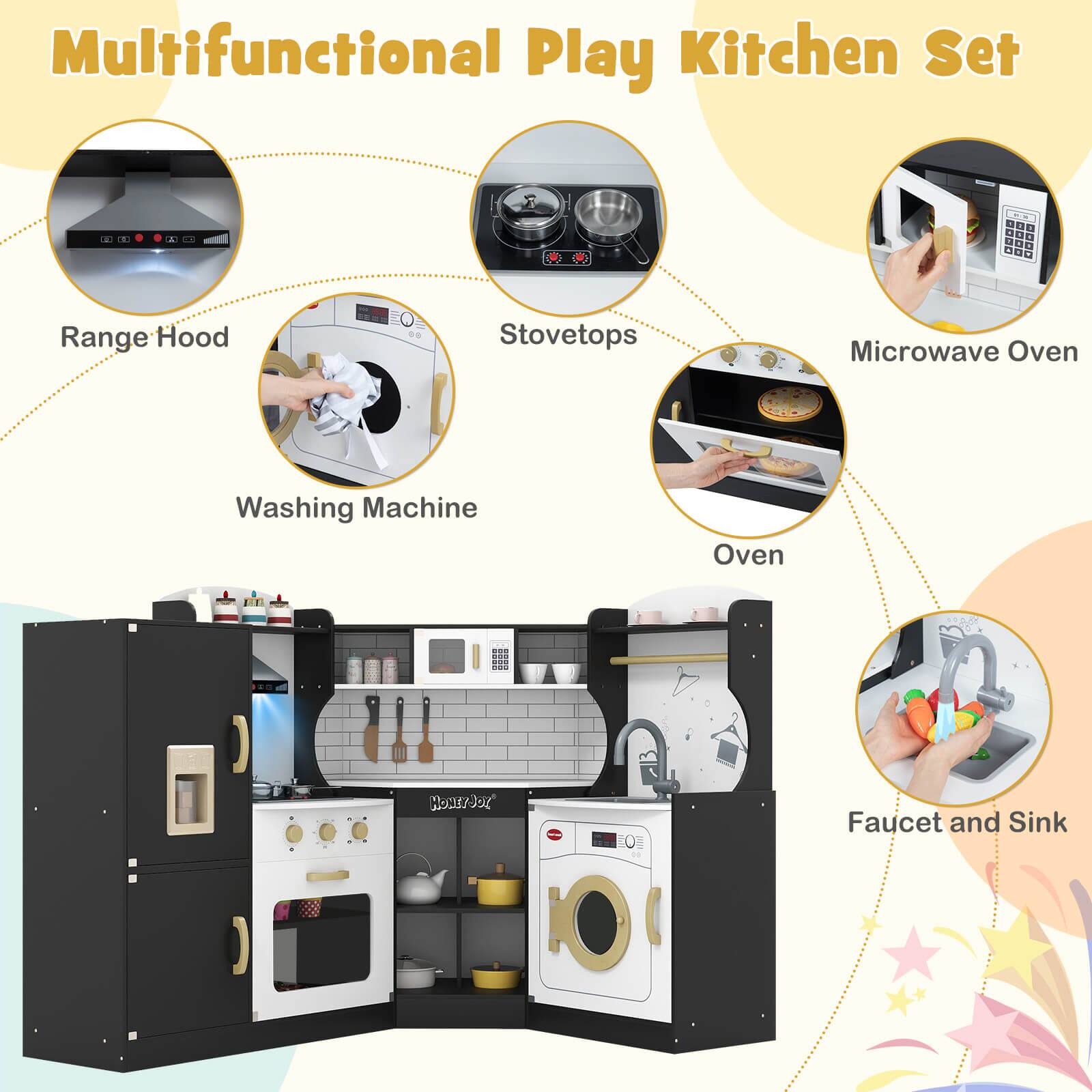 Multifunctional Play Kitchen Set

- Range Hood
- Stovetops
- Microwave Oven
- Oven
- Washing Machine
- Faucet and Sink