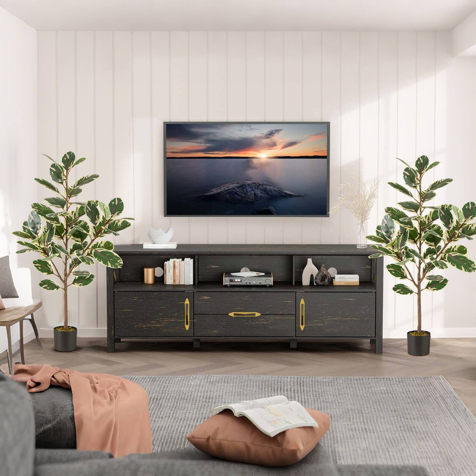 Alt View 4. Gymax - Gymax 4.3 FT Artificial Bird of Paradise Plant 2 Pack Fake Banana Leaf Potted Tree - Green.