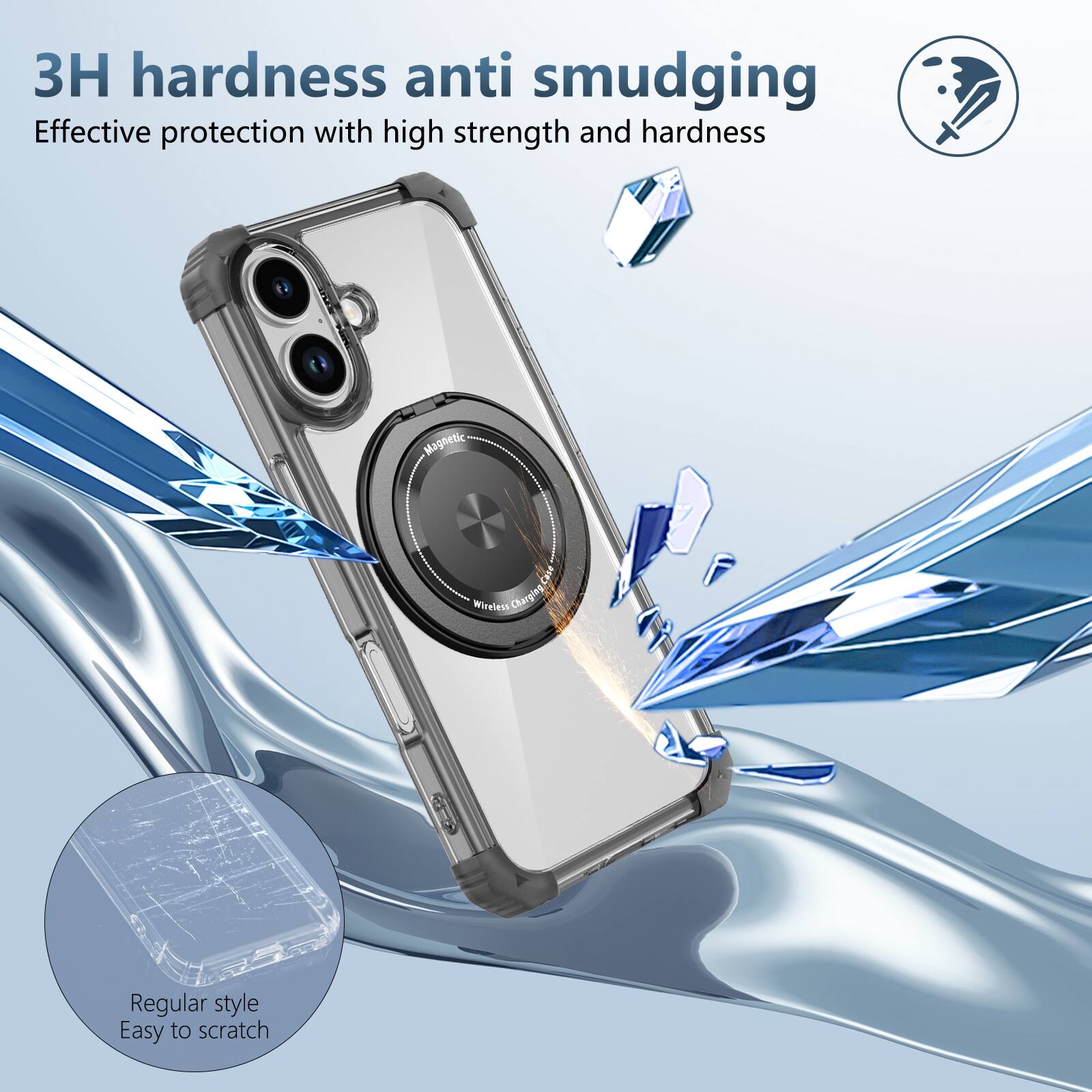 3H hardness anti smudging  
Effective protection with high strength and hardness  
Magnetic Wireless Charging  
Regular style  
Easy to scratch