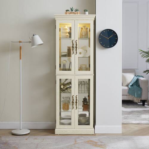 Angle. LUCKY ONE - Freestanding Lighted Glass Curio Display Cabinet with Adjustable Shelves for Wine Toy Collectibles - Antique White.