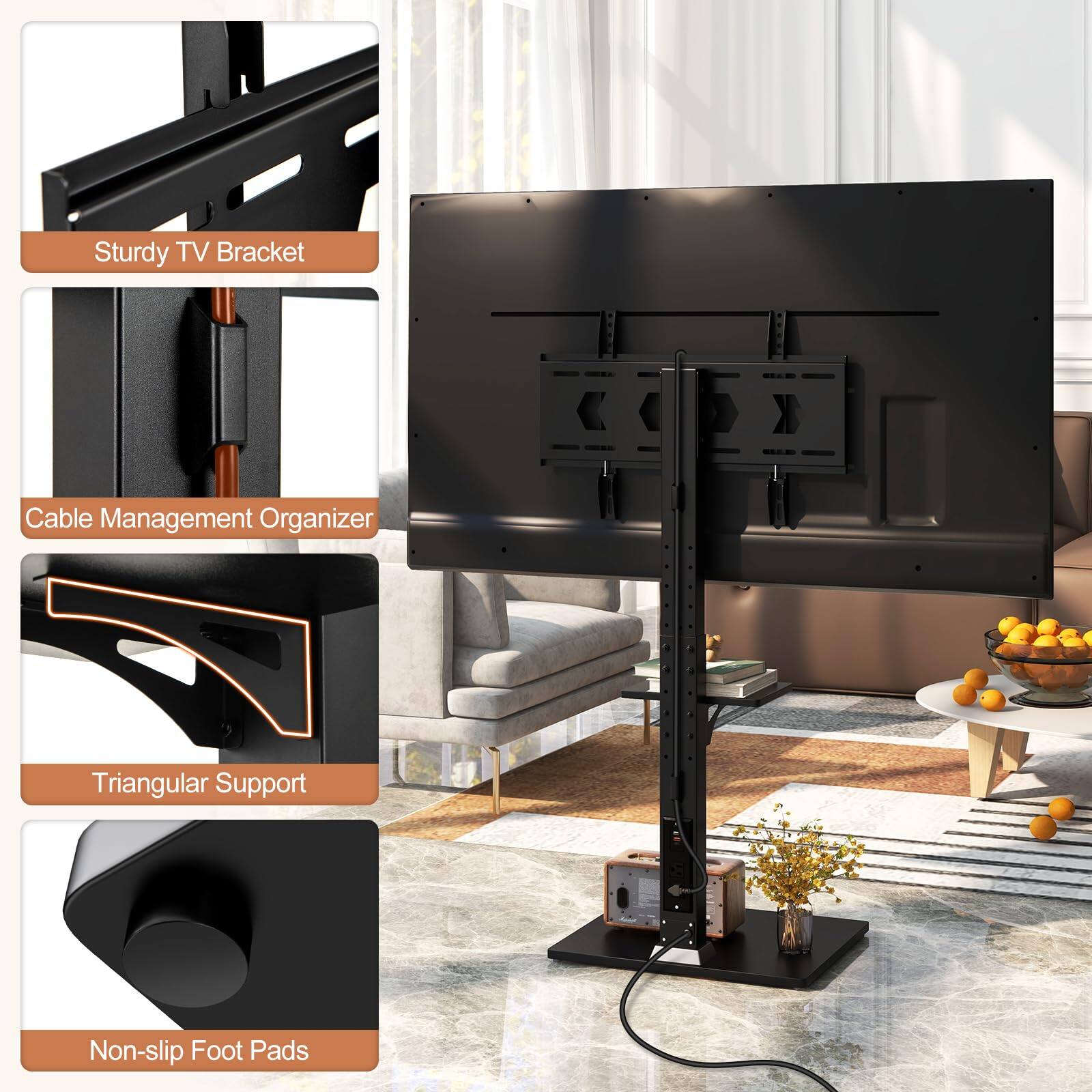- Sturdy TV Bracket
- Cable Management Organizer
- Triangular Support
- Non-slip Foot Pads