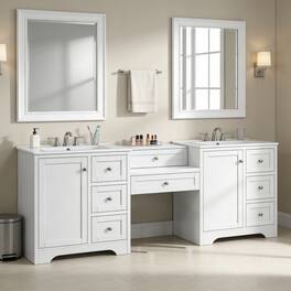 Loheer - 7 ft Double Sink Bathroom Vanity with Engineered Stone Top, 6 Drawers, Soft Close - White