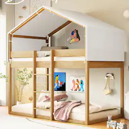 GOODSILO - Space-Saving Twin Over Twin Wooden Bunk Bed with Playful Tent Design for Kids - Natural
