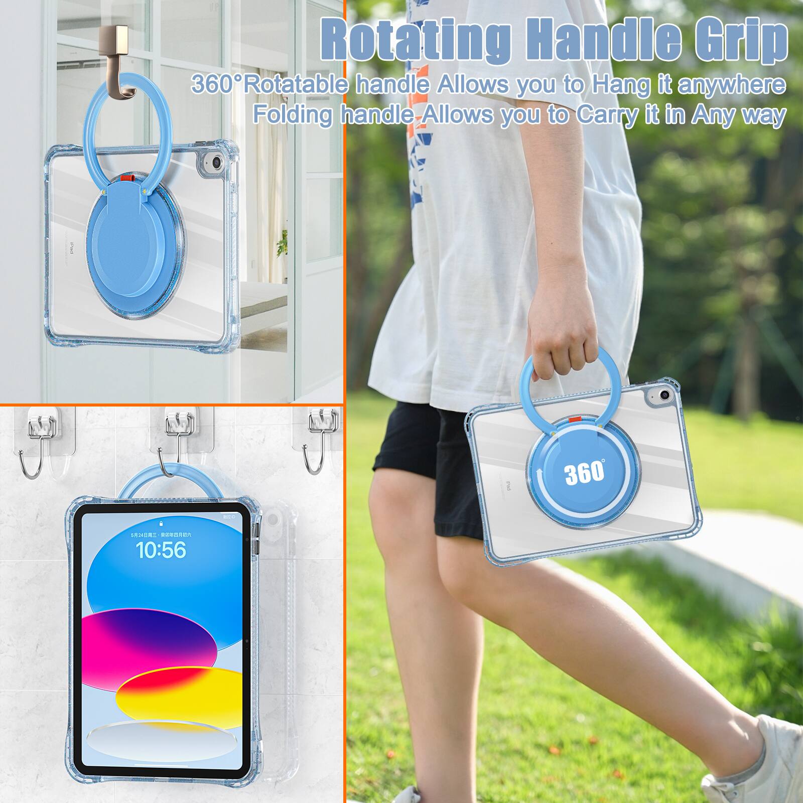 Rotating Handle Grip  
360° Rotatable handle Allows you to Hang it anywhere  
Folding handle Allows you to Carry it in Any way  
10:56