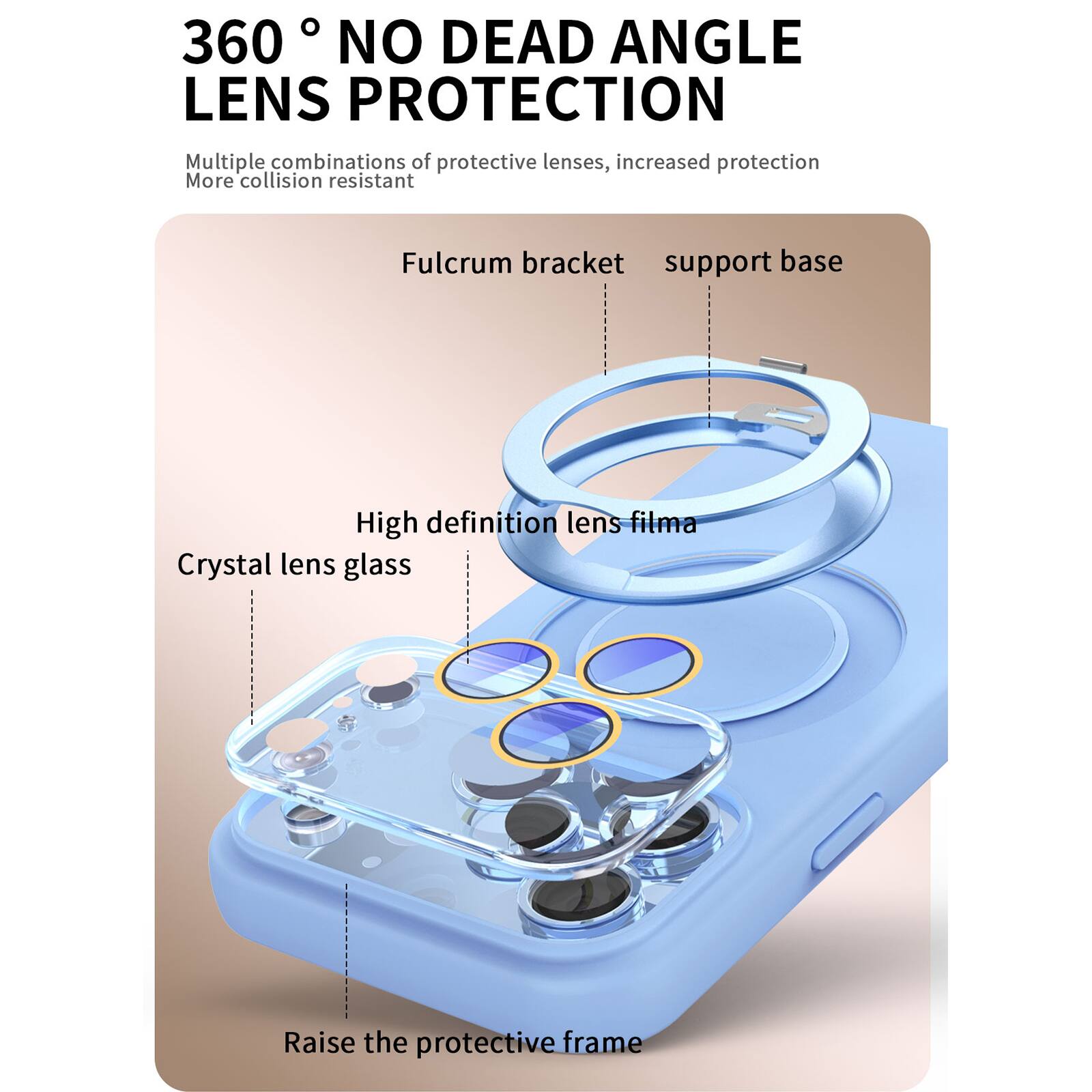 360° NO DEAD ANGLE LENS PROTECTION

Multiple combinations of protective lenses, increased protection  
More collision resistant

- Fulcrum bracket
- Support base
- High definition lens film
- Crystal lens glass
- Raise the protective frame