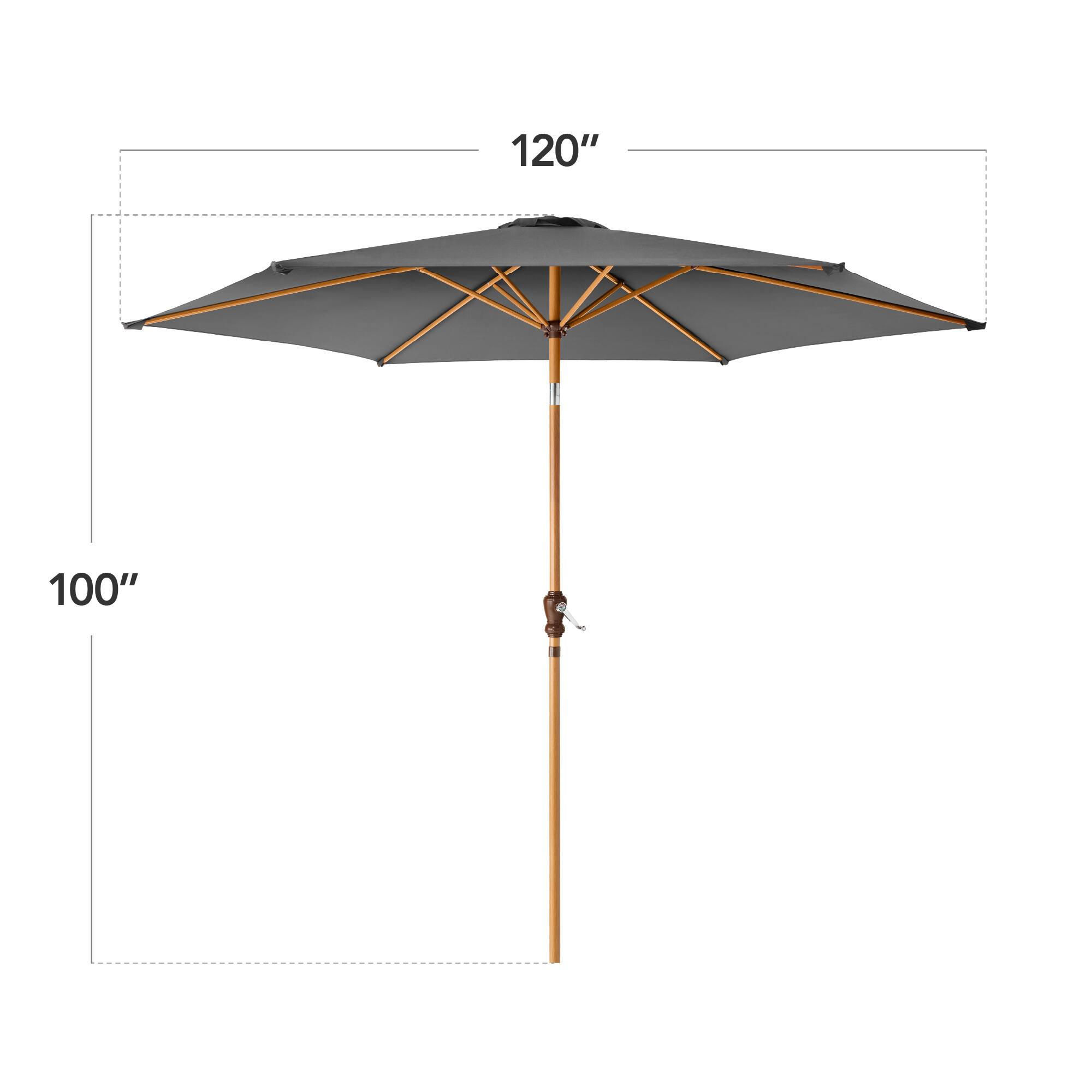 The dimensions of the umbrella are:

- Diameter: 120 inches
- Height: 100 inches