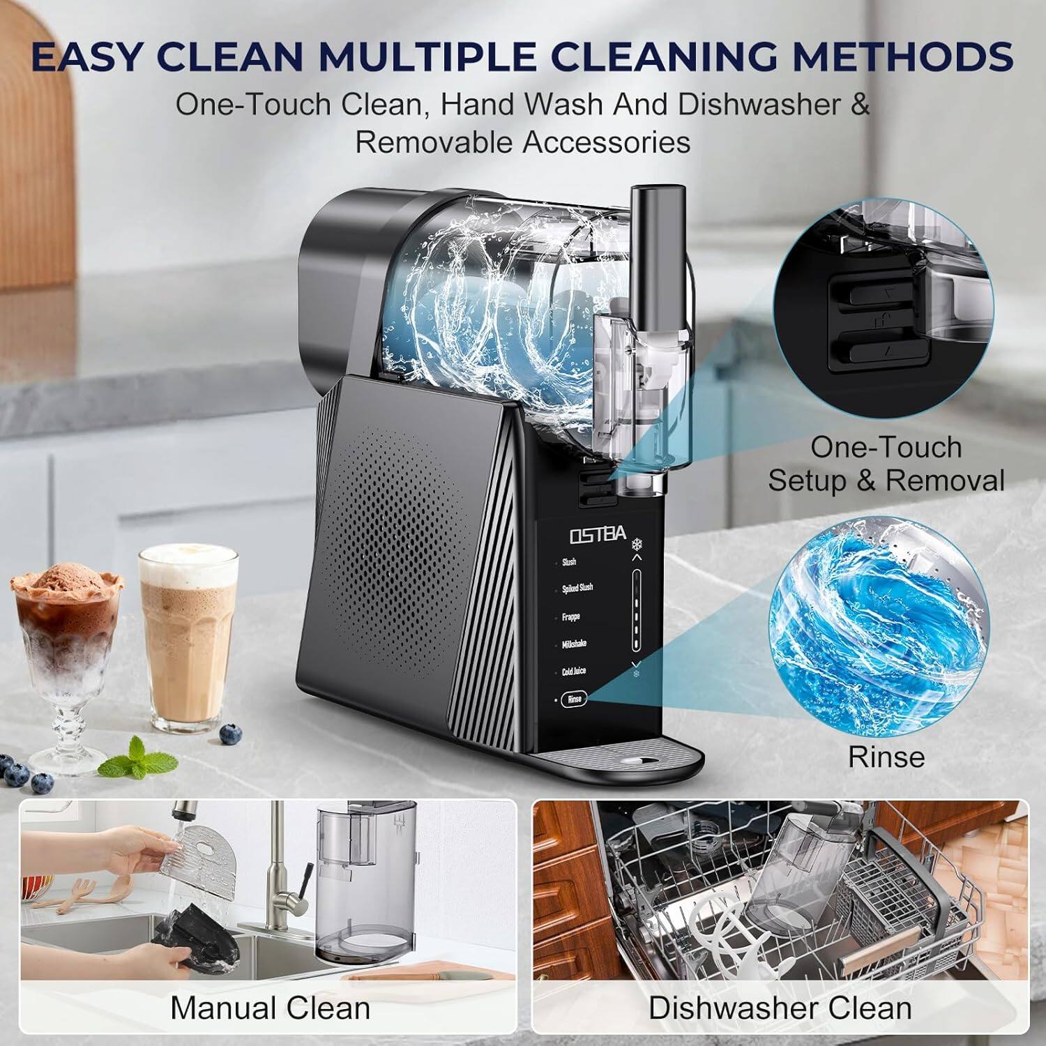 EASY CLEAN MULTIPLE CLEANING METHODS  
One-Touch Clean, Hand Wash And Dishwasher & Removable Accessories  

One-Touch Setup & Removal  
Rinse  
Manual Clean  
Dishwasher Clean