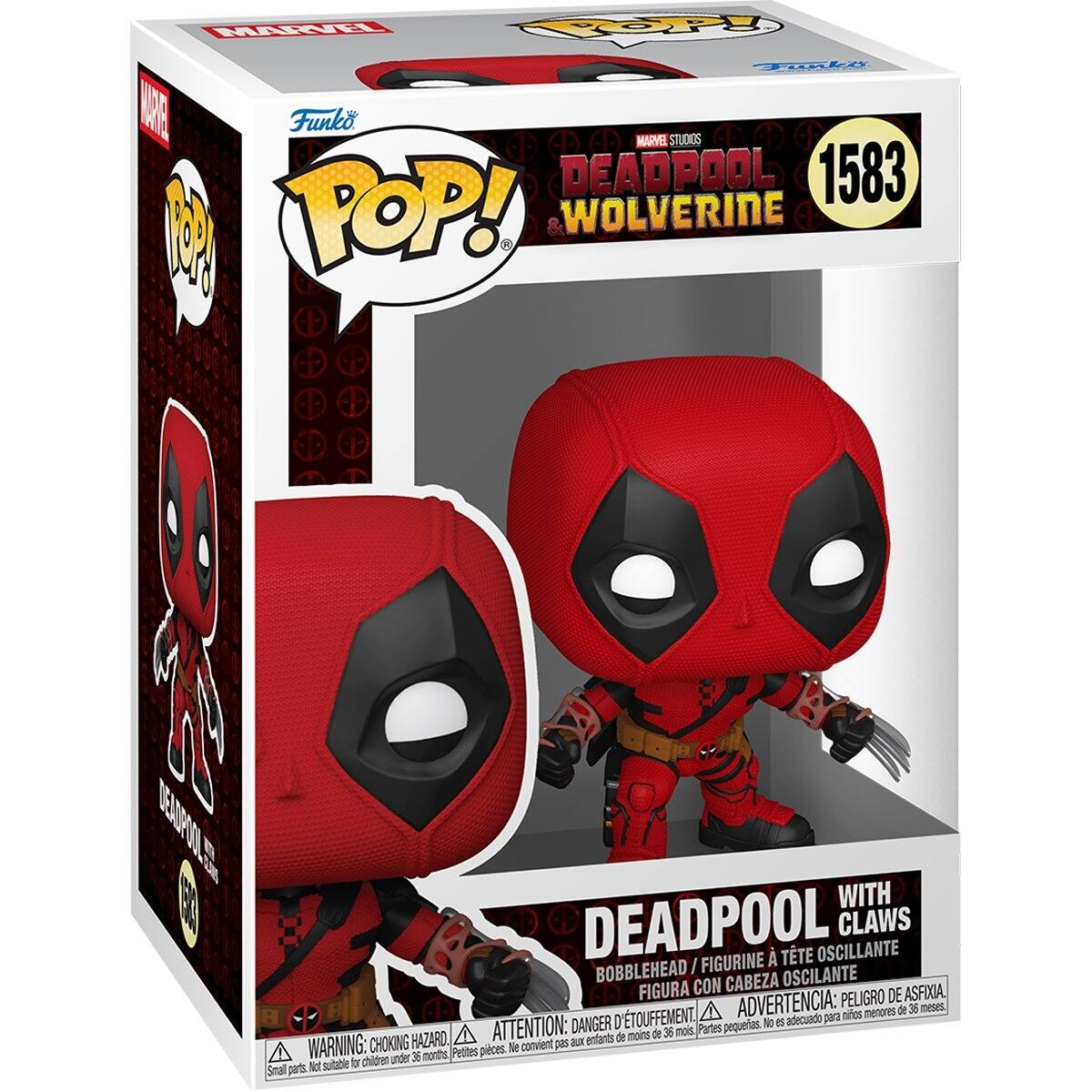 Funko POP! MARVEL STUDIOS DEADPOOL & WOLVERINE 1583  
POP! WITH DEADPOOL CLAWS  
BOBBLEHEAD / FIGURINE À TÊTE OSCILLANTE / FIGURA CON CABEZA OSCILANTE  

ADVERTENCIA: PELO D'ASFIXIA  
ATTENTION: DANGER PELIGRO DE ASFIXIA  
WARNING: CHOKING HAZARD  

Adecuado para mayores de 36 meses.  
Convient p a 36 mois.  
Not suitable for children under 36 months.  
Petites pièces.  
Small parts.
