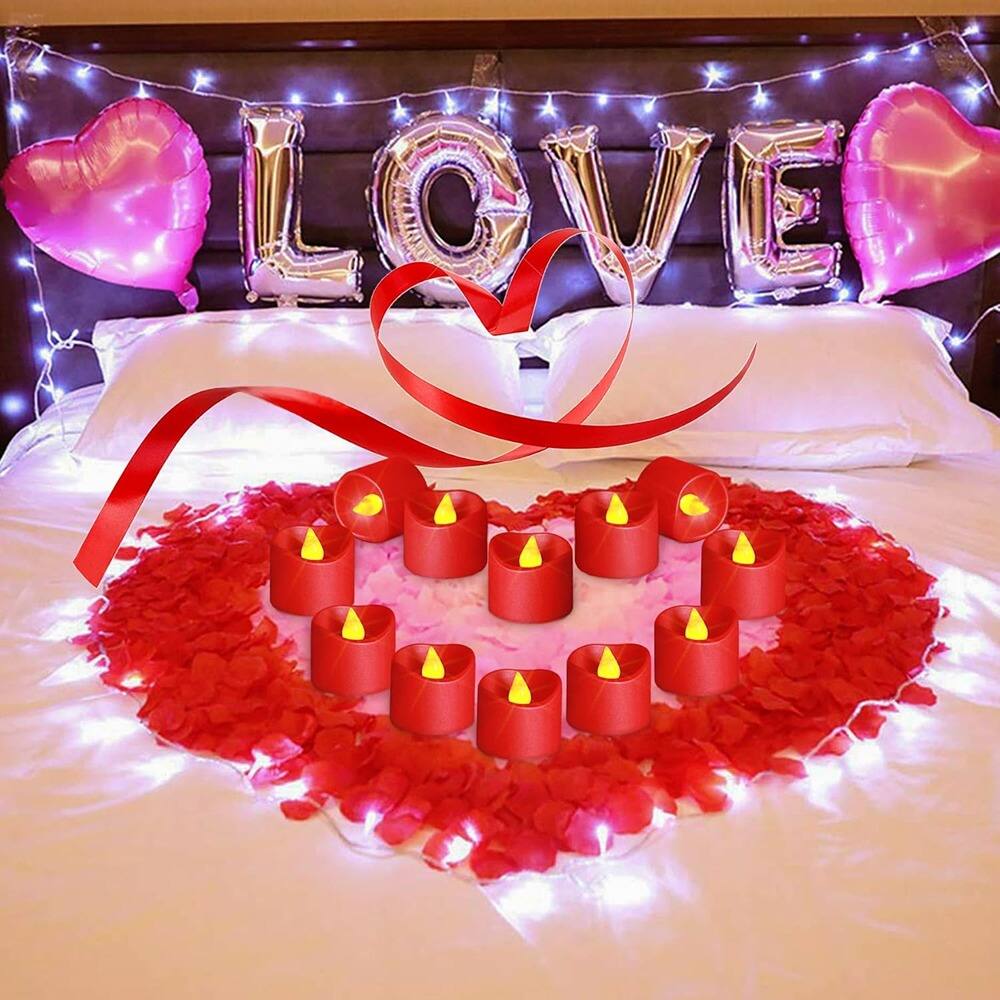 Angle. RTMB - 12-Pc Red LED Tea Lights, Flameless Votive Candles, Battery-Operated for Decor.