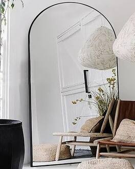 Hanke - Arched Floor Mirror Full Length With Stand Freestanding Aluminum Frame - Black 90"L×46"W