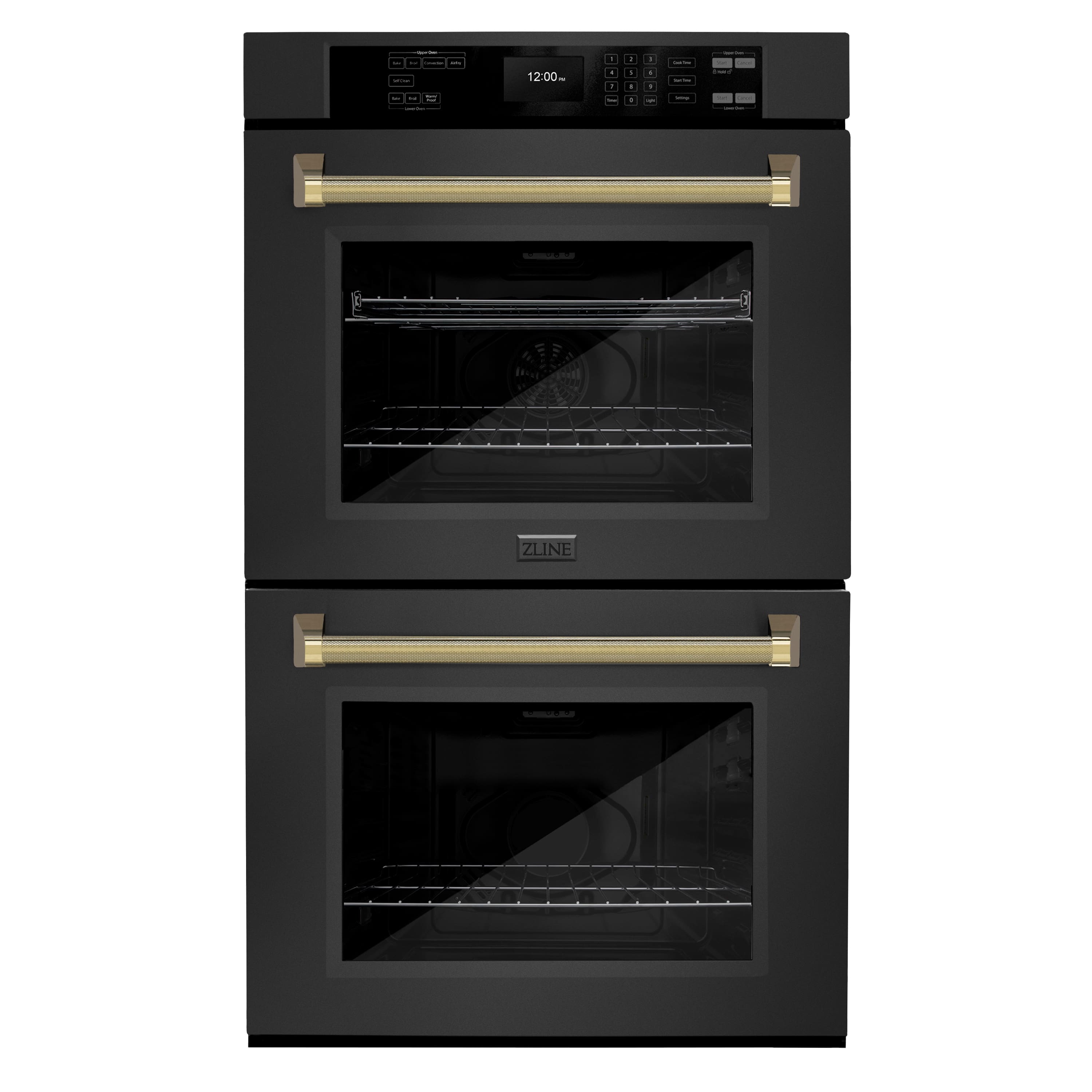 ZLINE Autograph 30 in. True Convection Double Wall Oven in Black Steel with Gold Helix Handles (WADBZ-30-KG) Front