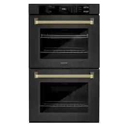 ZLINE - Autograph 30 in. True Convection Double Wall Oven in Black Steel with Gold Helix Handles (WADBZ-30-KG) - Black Stainless Steel