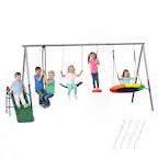 Front. Qaba - 5-in-1 Kids Swing Set with Slide, Swings and Glider for Backyard, 770lbs Capacity, for Ages 3-8 - Mixed Color.