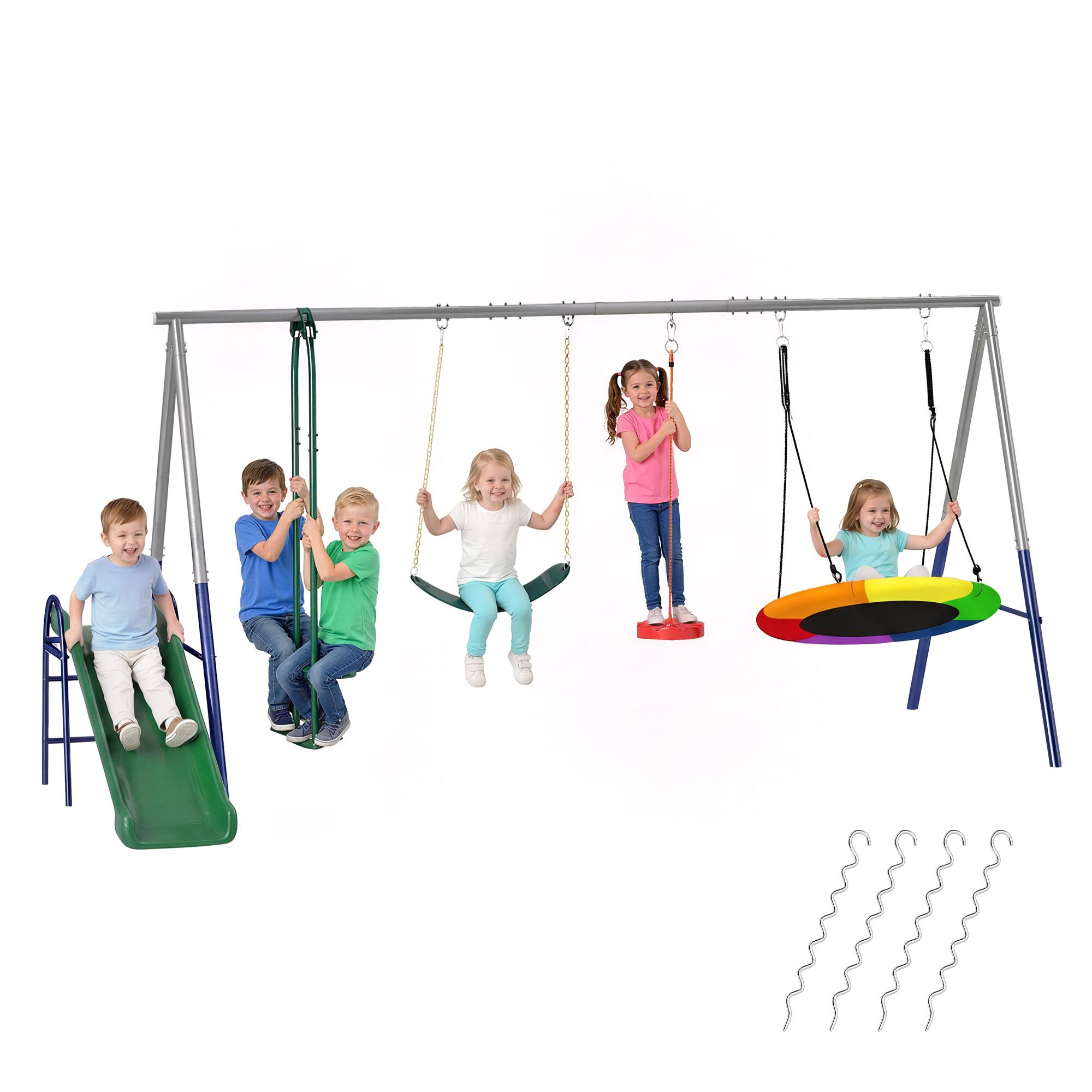 Front. Qaba - 5-in-1 Kids Swing Set with Slide, Swings and Glider for Backyard, 770lbs Capacity, for Ages 3-8 - Mixed Color.