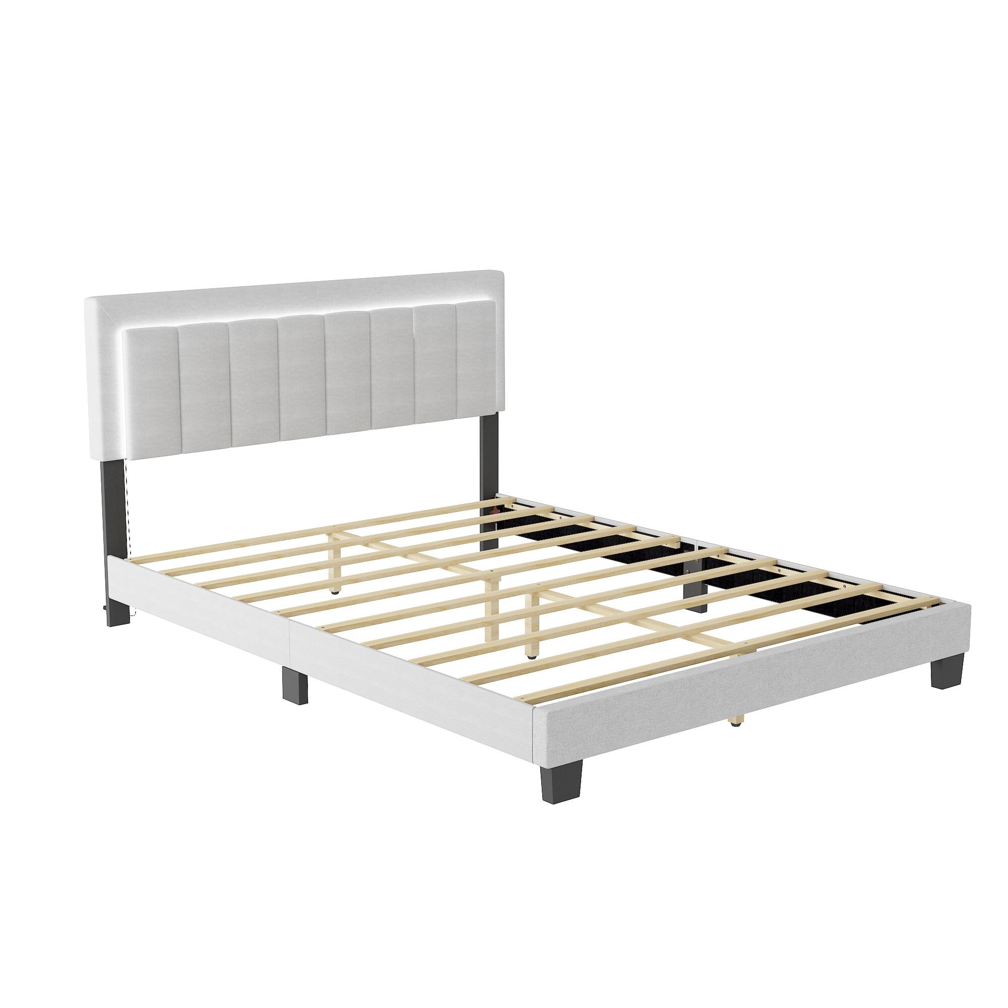 Angle. Famapy - Famapy Upholstered Bed Frame with LED Headboard & Reinforced Slat Support - White.