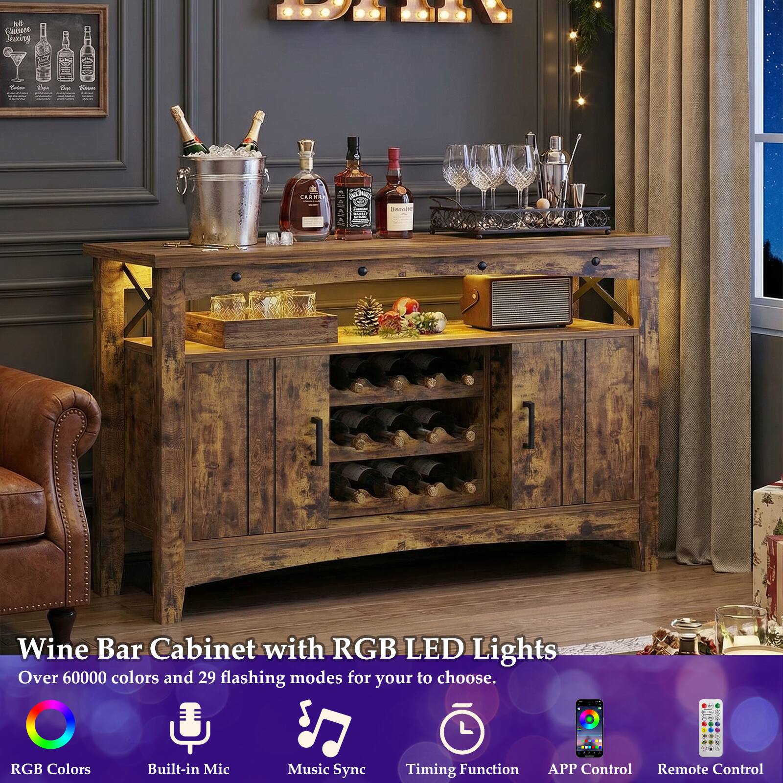Wine Bar Cabinet with RGB LED Lights

Over 60000 colors and 29 flashing modes for you to choose.

- RGB Colors
- Built-in Mic
- Music Sync
- Timing Function
- APP Control
- Remote Control