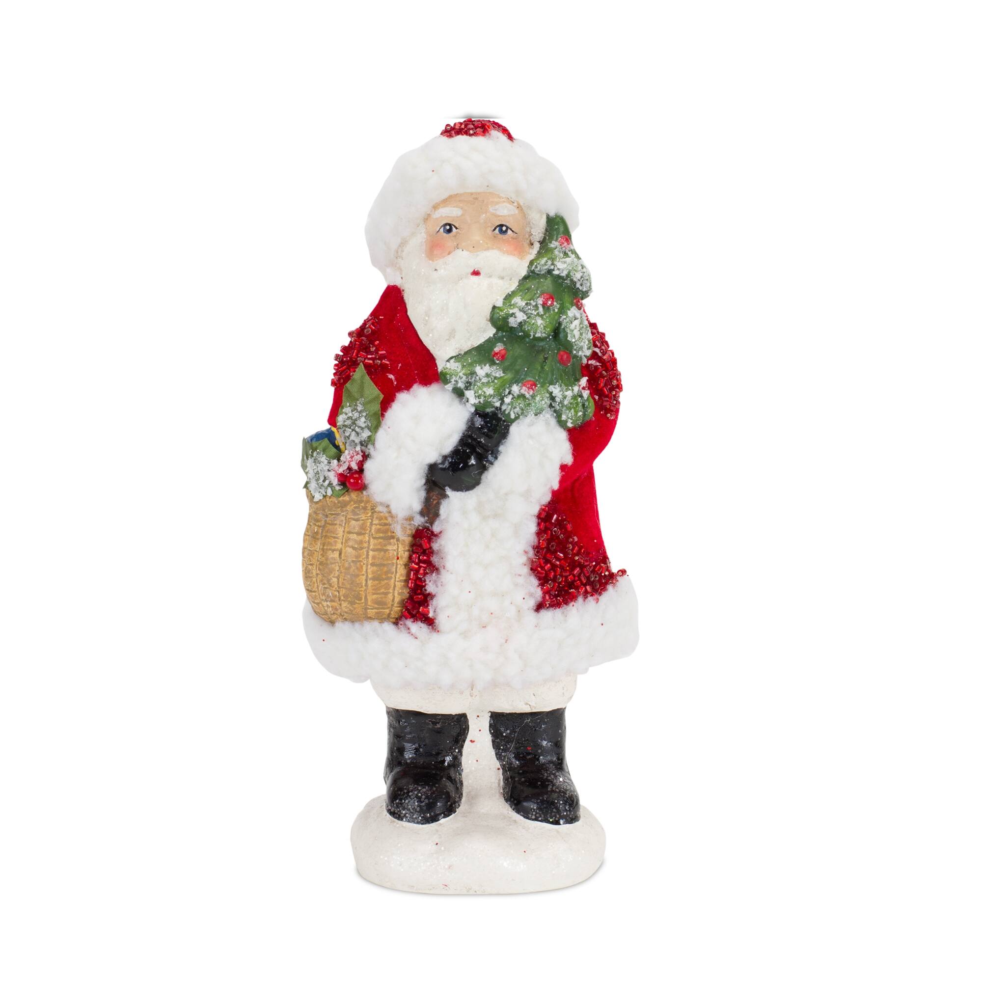 Left. BreeBe - Santa Figurine with Pine Tree and Present Accents (Set of 3) - Red, White.
