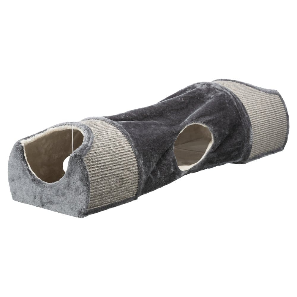 TRIXIE - Sisal & Plush 1-Level Cat Condos with Scratching Surface, Tunnel & Cat Toy - Gray