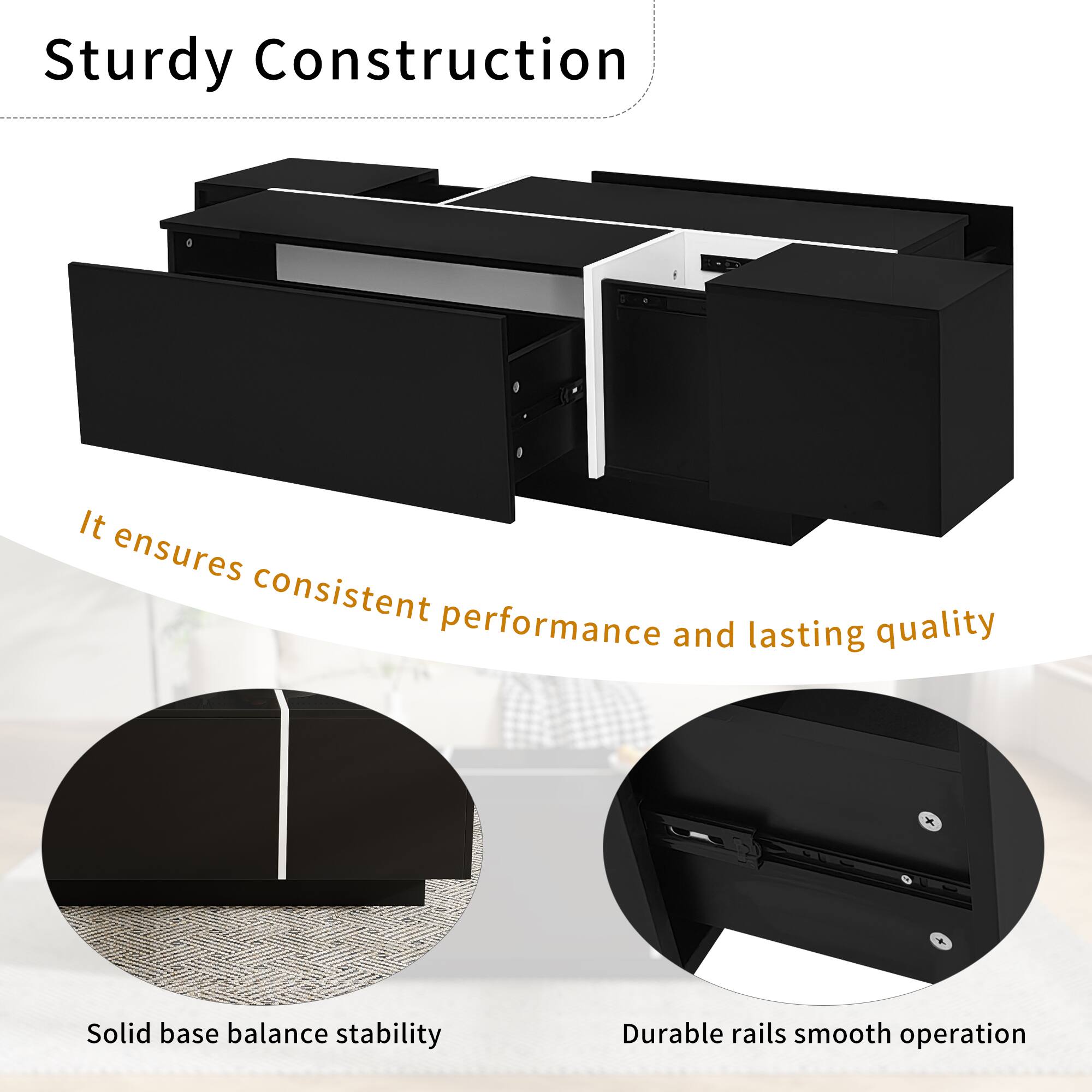 Sturdy Construction  
It ensures consistent performance and lasting quality  

Solid base balance stability  
Durable rails smooth operation