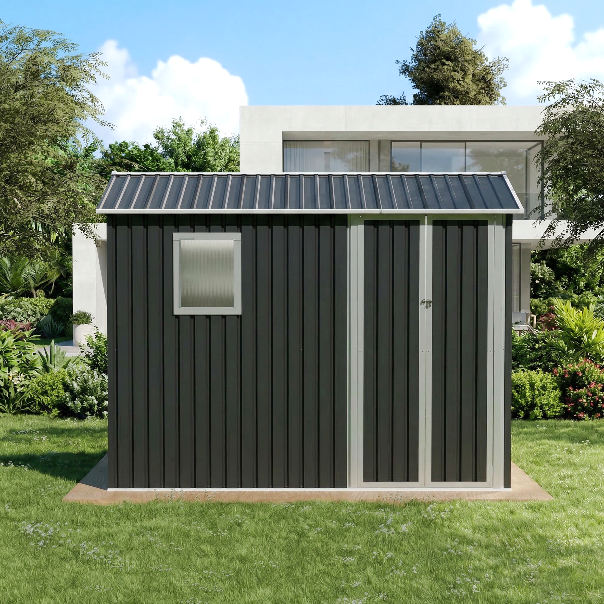 Angle. Anysun - 9x6 FT Metal Garden Shed with 1 Window – Outdoor Patio Storage Shed with Hinge Door, Galvanized Steel, Apex Roof - Grey.