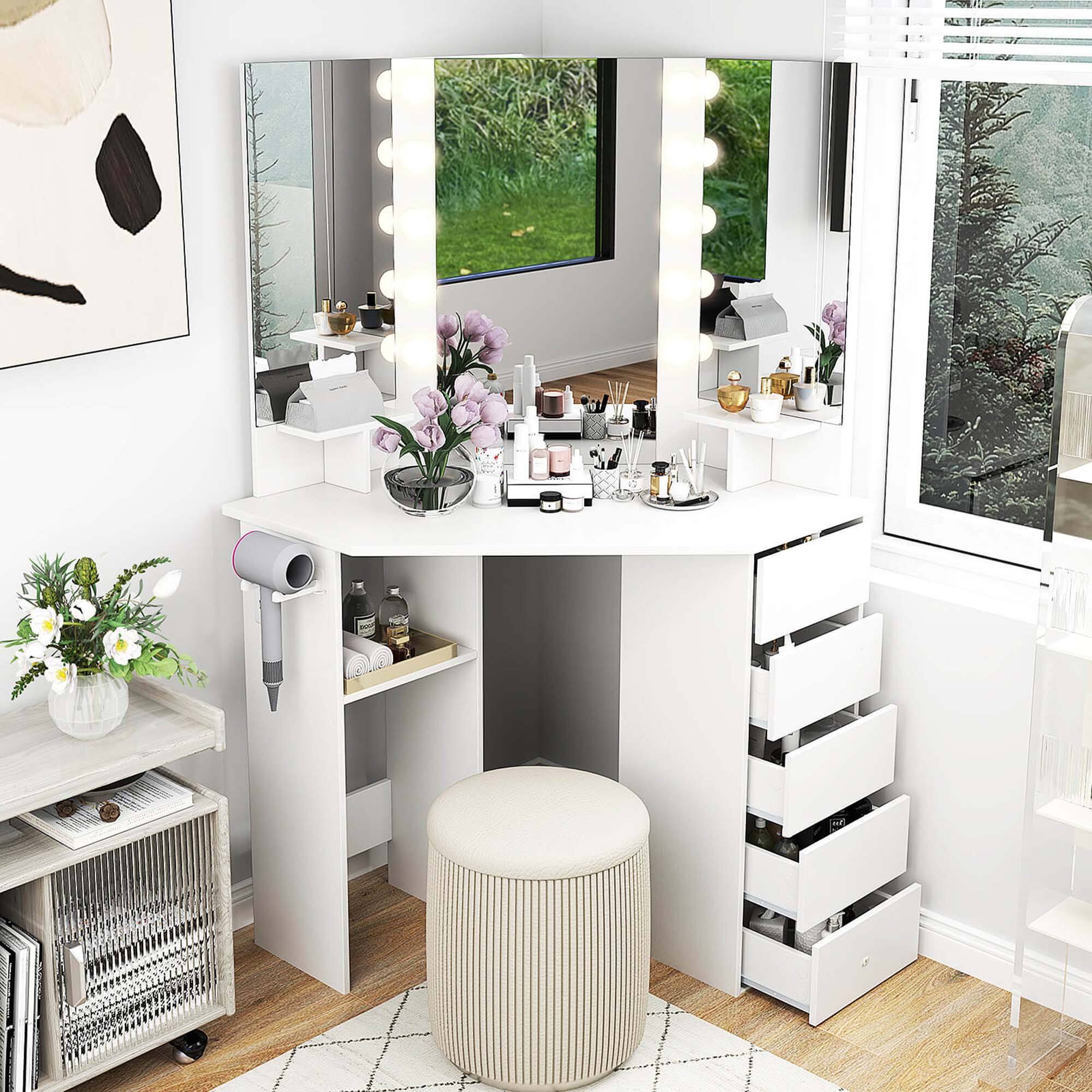 Alt View 3. Costway - Costway Corner Vanity Desk Cosmetic Vanity Station with LED Mirror & Power Outlets White - White.
