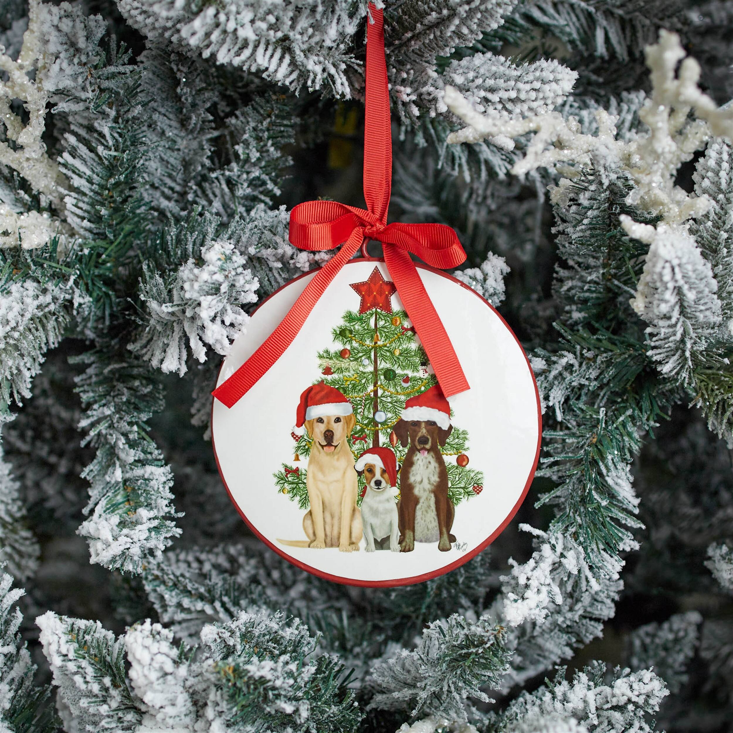 Angle. BreeBe - Dogs and Christmas Tree Disc Ornament (Set of 12) - White, Green, Brown.