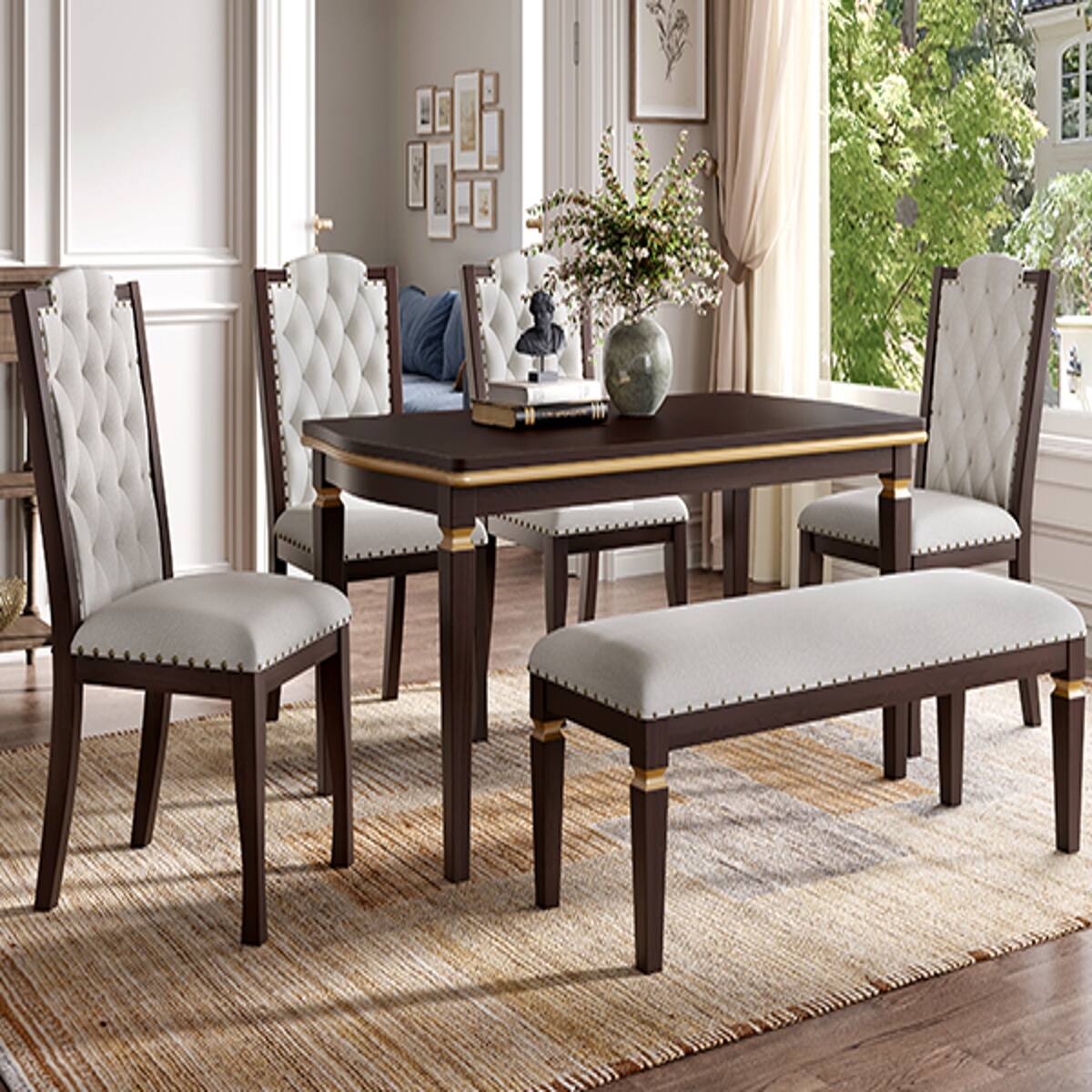 Angle. Loheer - Loheer 6 Piece Dining Table Set With Bench, Espresso 60 Inch Rectangular Table - Espresso.
