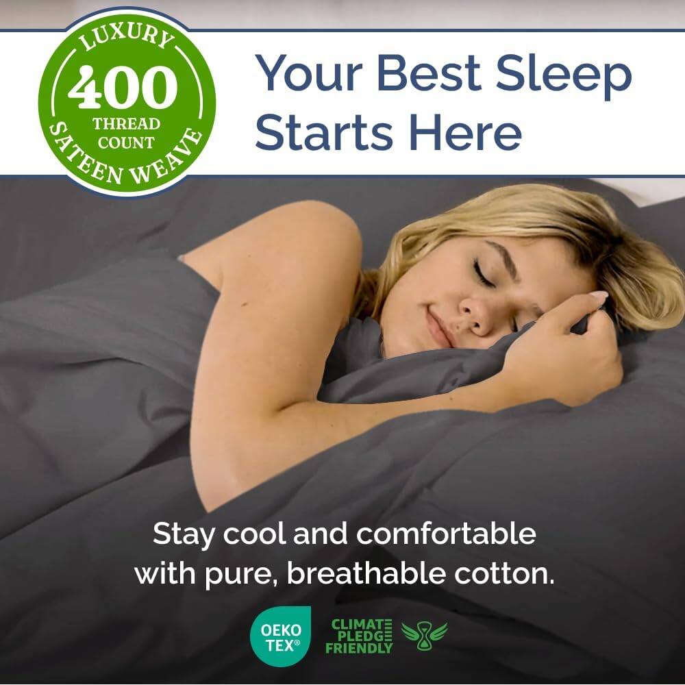 LUXURY 400 THREAD COUNT SATEEN WEAVE

Your Best Sleep Starts Here

Stay cool and comfortable with pure, breathable cotton.

OEKO TEX
CLIMATE PLEDGE FRIENDLY
