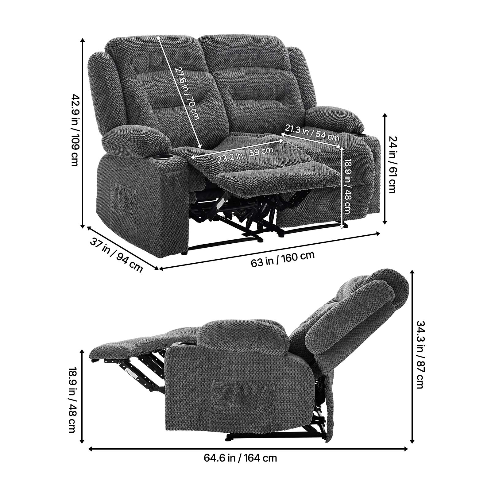 42.9 in/109 cm  
27.6 in/70 cm  
23.2 in/59 cm  
21.3 in/54 cm  
18.9 in/48 cm  
37 in/94 cm  
63 in/160 cm  
24 in/61 cm  
34.3 in/87 cm  
64.6 in/164 cm
