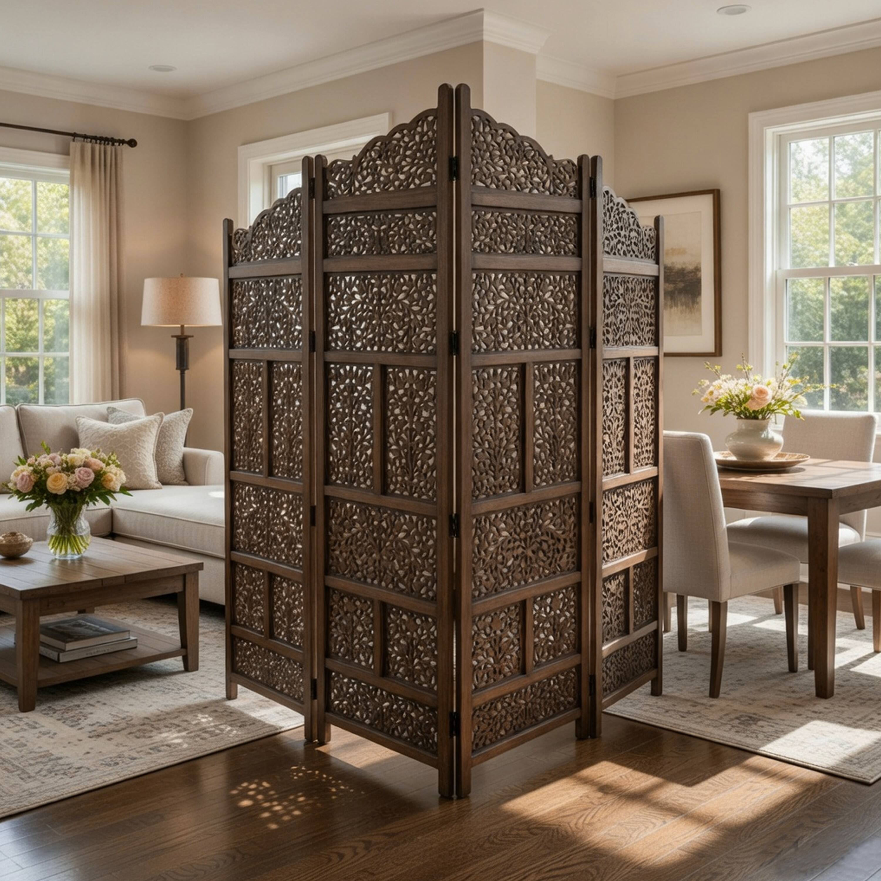 Alt View 8. Manhattan Lane - Benzara Hand Carved Foldable 4 Panel Wooden Partition Screen/RoomDivider - Brown.