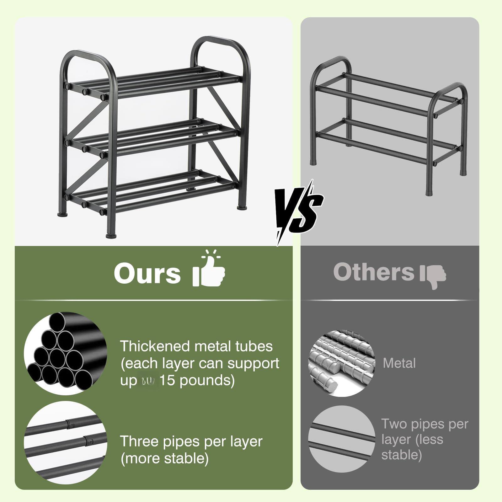 **Ours**  
- Thickened metal tubes (each layer can support up to 15 pounds)  
- Three pipes per layer (more stable)  

**Others**  
- Metal  
- Two pipes per layer (less stable)