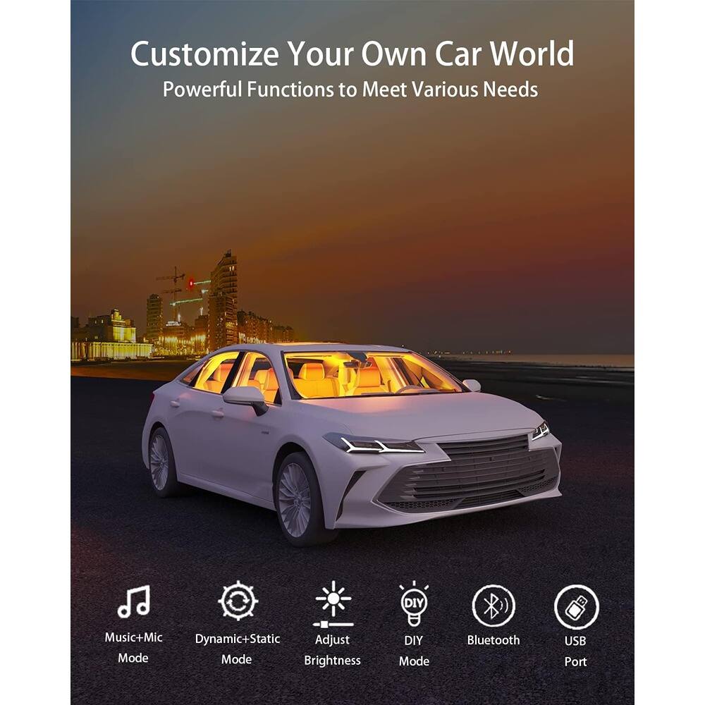 Customize Your Own Car World  
Powerful Functions to Meet Various Needs  

- Music+Mic Mode  
- Dynamic+Static Mode  
- Adjust Brightness  
- DIY Mode  
- Bluetooth  
- USB Port