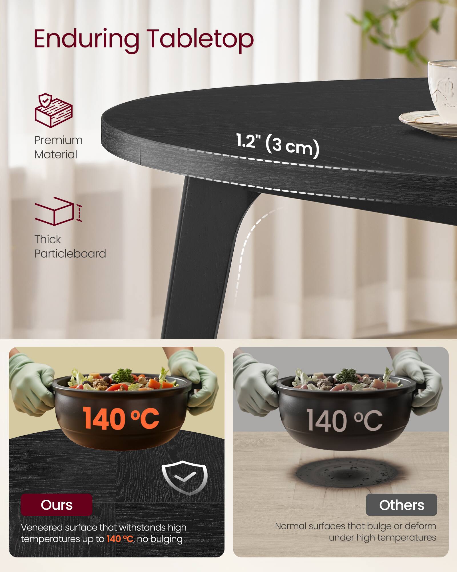 Enduring Tabletop

Premium Material  
1.2" (3 cm)  
Thick Particleboard

140°C  
Ours  
Veneered surface that withstands high temperatures up to 140°C, no bulging

140°C  
Others  
Normal surfaces that bulge or deform under high temperatures