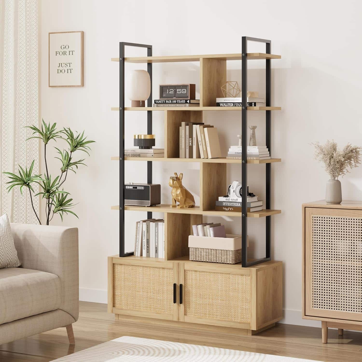 Babevy - 71.1" Tall Industrial 5-Tier Rattan Bookcase with Storage Cabinet & Door, Metal Frame, Natural Textured Home - Oak