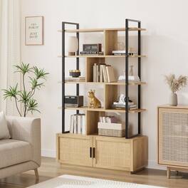Babevy - 71.1" Tall Industrial 5-Tier Rattan Bookcase with Storage Cabinet & Door, Metal Frame, Natural Textured Home - Oak