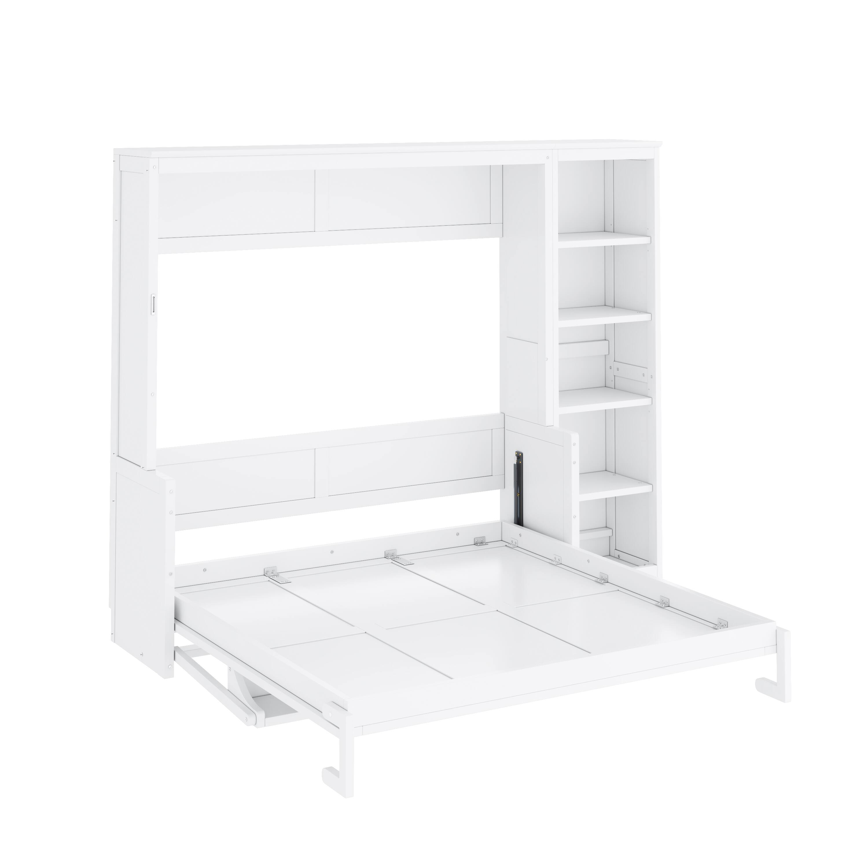 Back. Whisen - Queen Size Murphy Bed with Desk and Bookshelf, Space Saving Foldable Bed for Home Office & Guest Room - White.