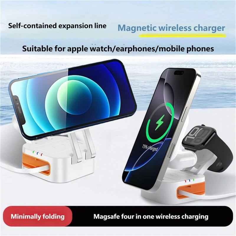 Magnetic wireless charger  
Self-contained expansion line  
Suitable for apple watch/earphones/mobile phones  
75% charged  
Minimally folding  
Magsafe four in one wireless charging