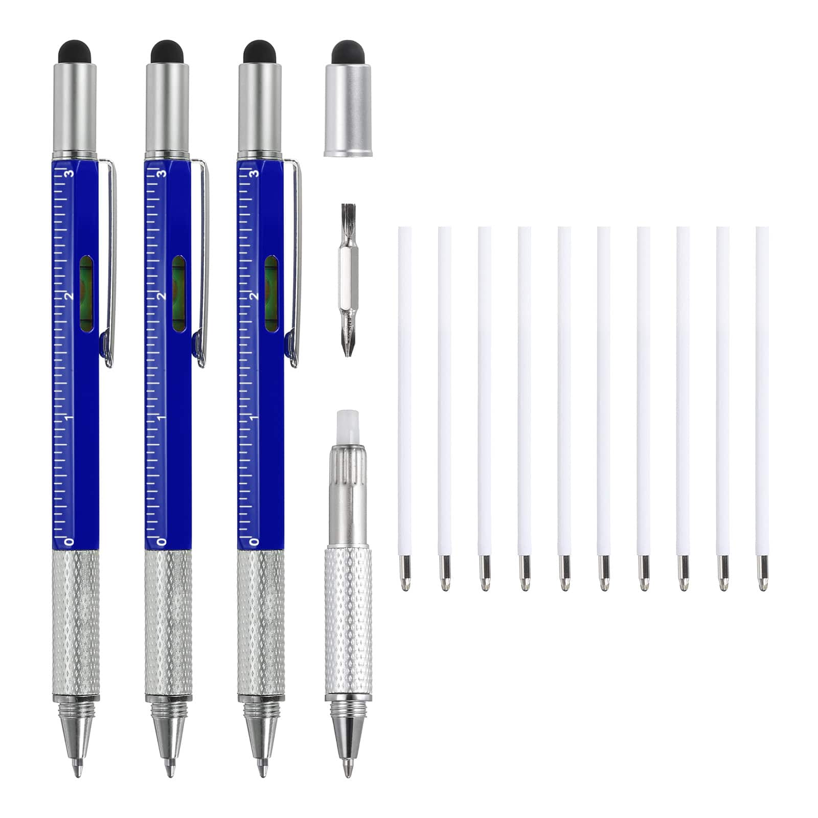 Unique Bargains - 3pcs 6 in 1 Aluminium Multitool Tech Tool Pen with Ballpoint Pen, Ruler, Screwdriver, Stylus, Level Gauge, Refills - Blue