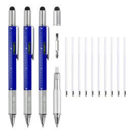 Unique Bargains - 3pcs 6 in 1 Aluminium Multitool Tech Tool Pen with Ballpoint Pen, Ruler, Screwdriver, Stylus, Level Gauge, Refills - Blue